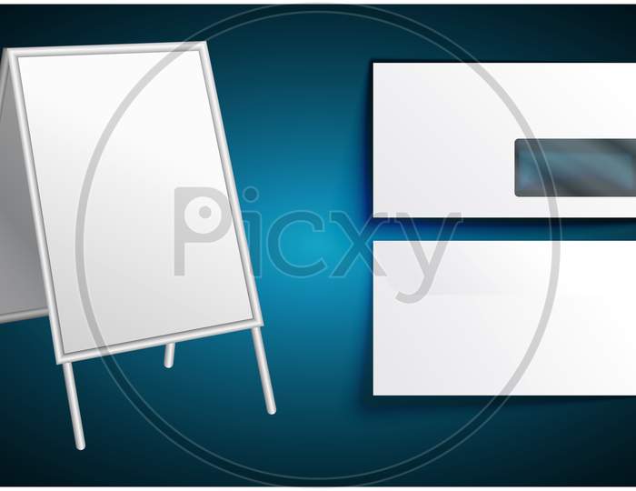 Mock Up Illustration Of White Board And Envelope On Abstract Background