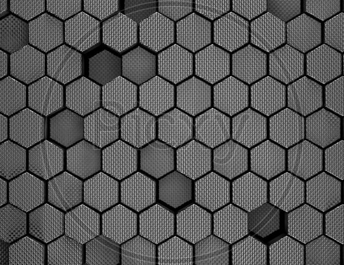 Steel Polished Black Metallic Hexagonal Abstract 3D Background, Brush Metal Texture Wall With Hexagonal Pattern 3D Rendering. Portrait Orientation