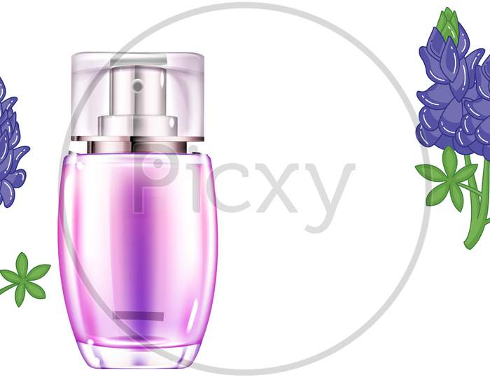 Mock Up Illustration Of Lavender Extract Perfume On Flower Background