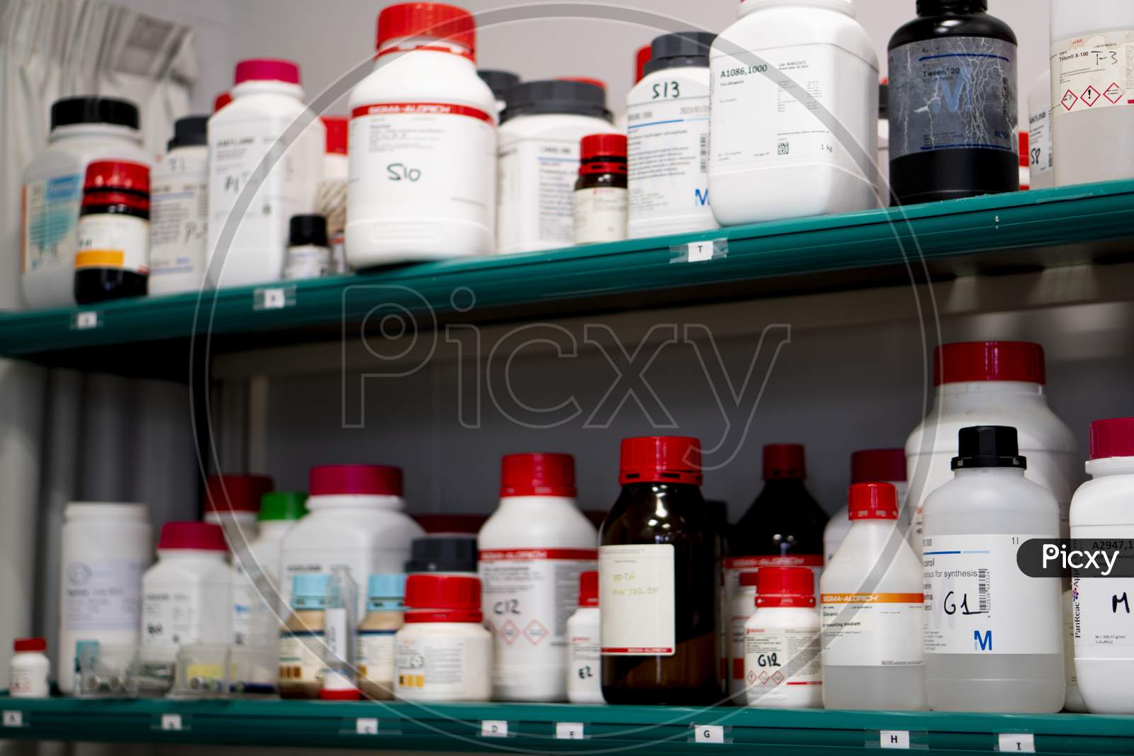 Reagent bottles in research lab.