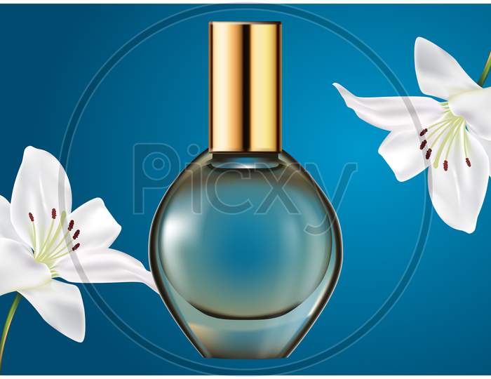 Mock Up Illustration Of Female Perfume From Flower Extract On Abstract Background
