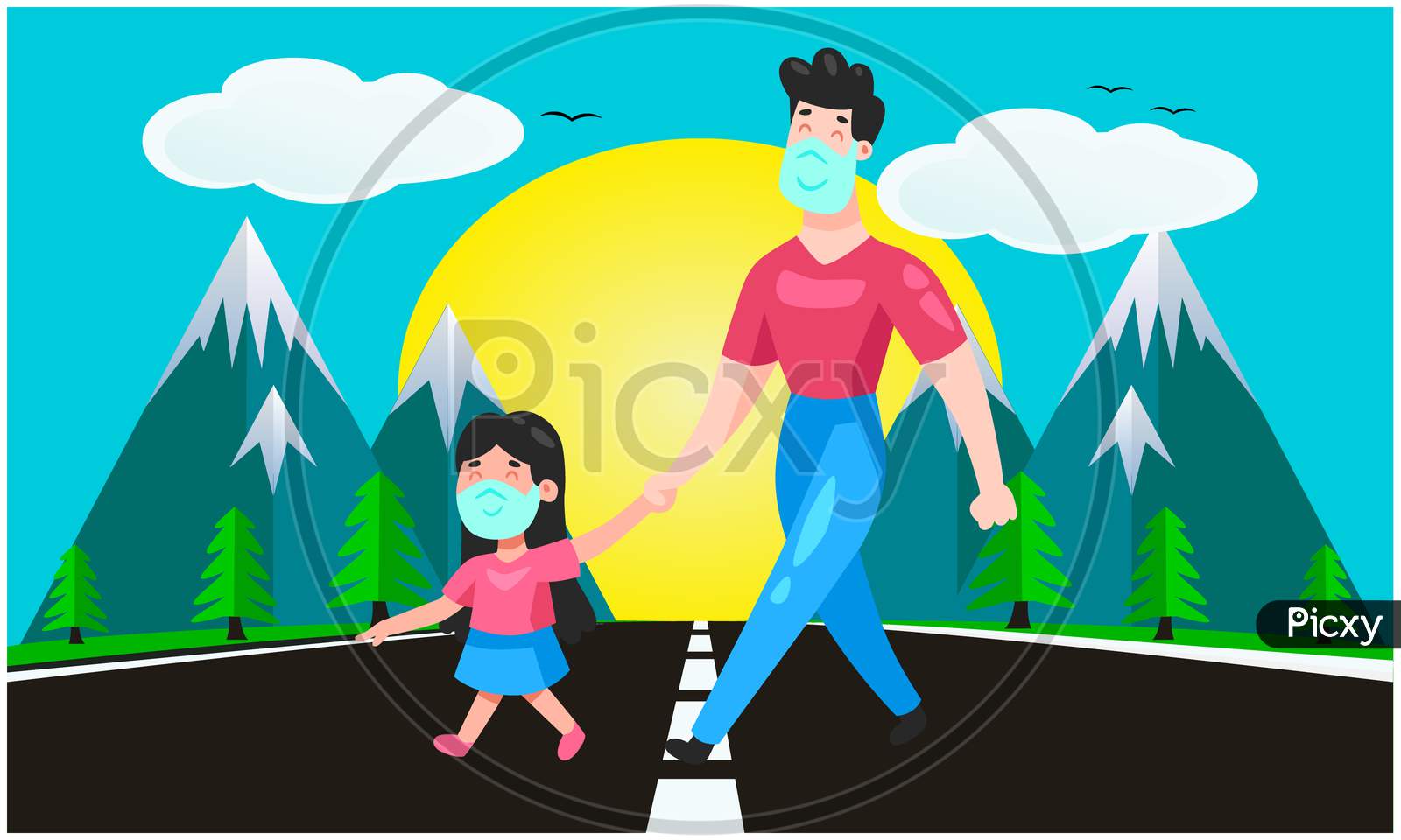Man Is Crossing The Road With Her Daughter