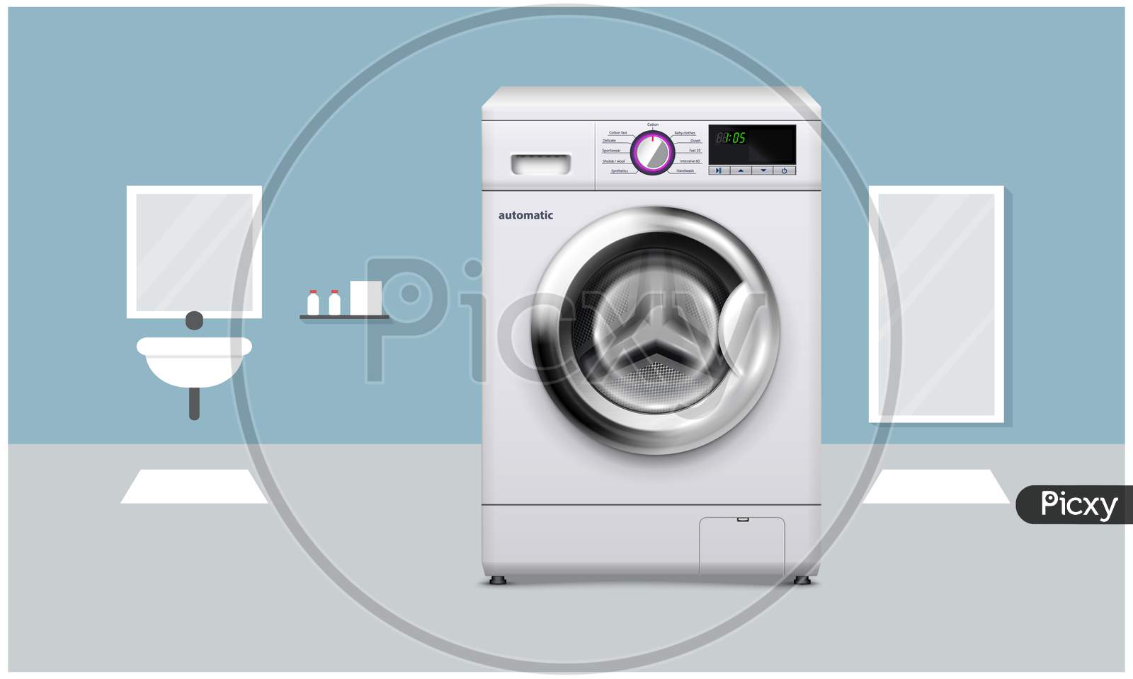 Mock Up Illustration Of Electronic Washing Machine In Washroom View