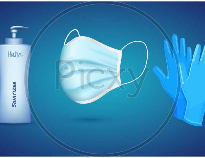 Hand Sanitizer Bottle, Face Mask And Hand Gloves On Abstract Background