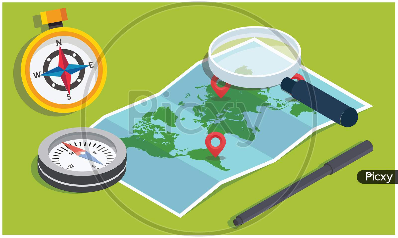 Magnify Glass, Compass To Find A World Map