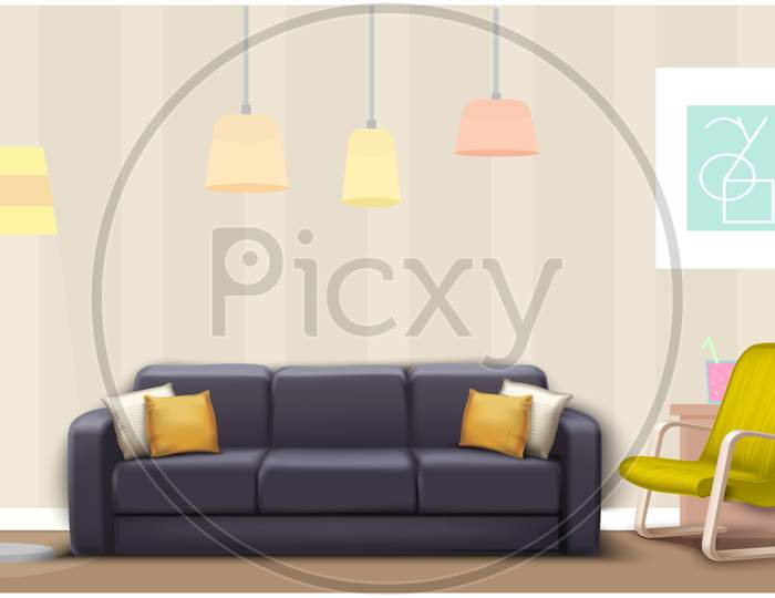 Mock Up Illustration Of Gray Couch And Yellow Chair In A Lounge