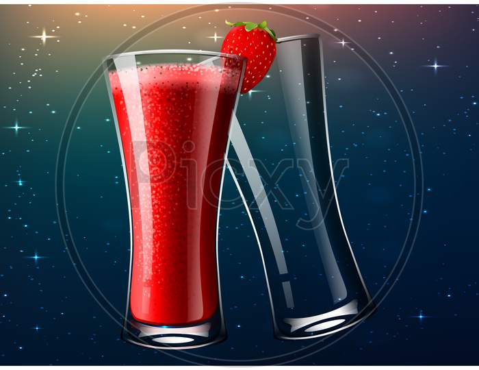 Full And Empty Glass Of Strawberry Juice On Dark Background