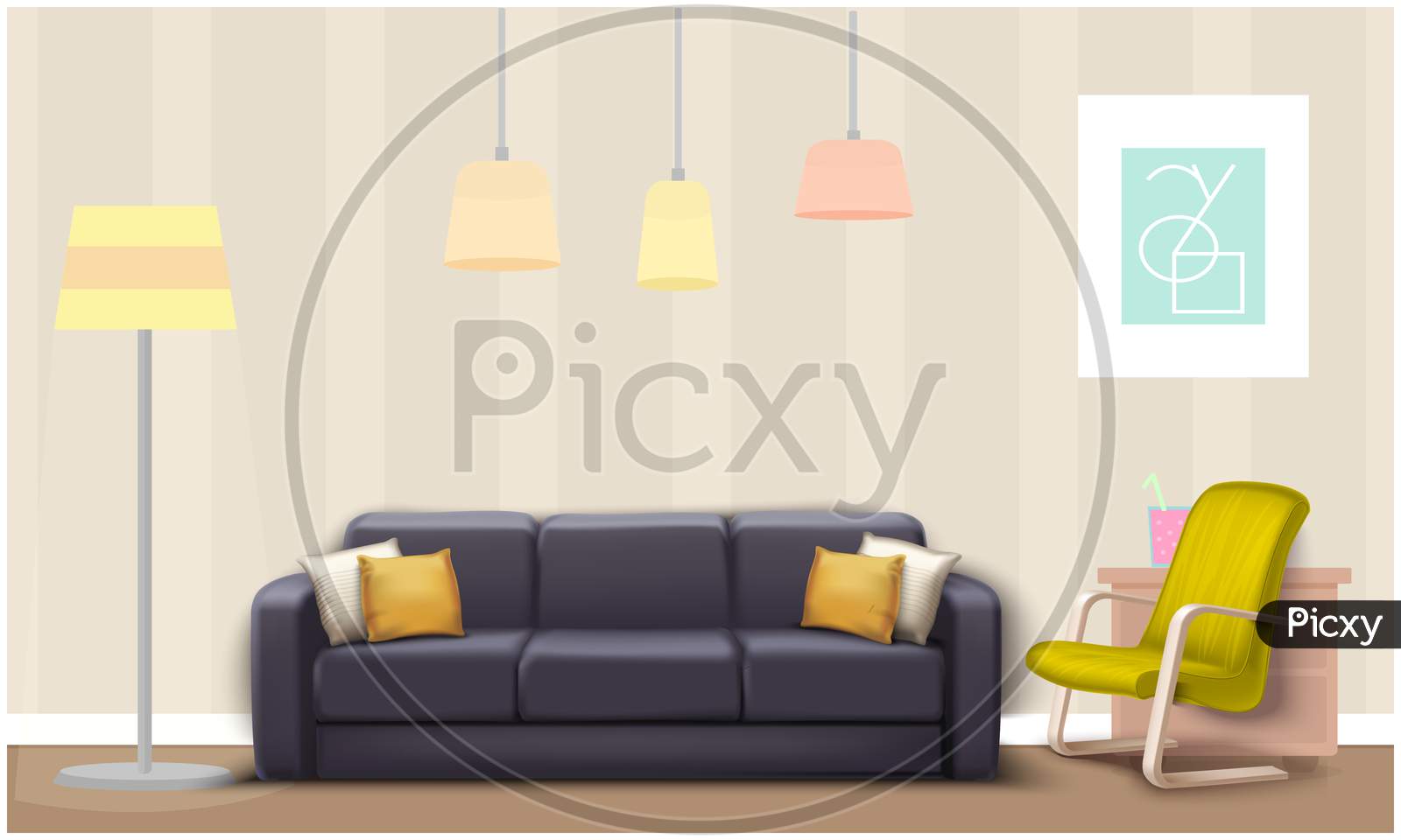 Mock Up Illustration Of Gray Couch And Yellow Chair In A Lounge