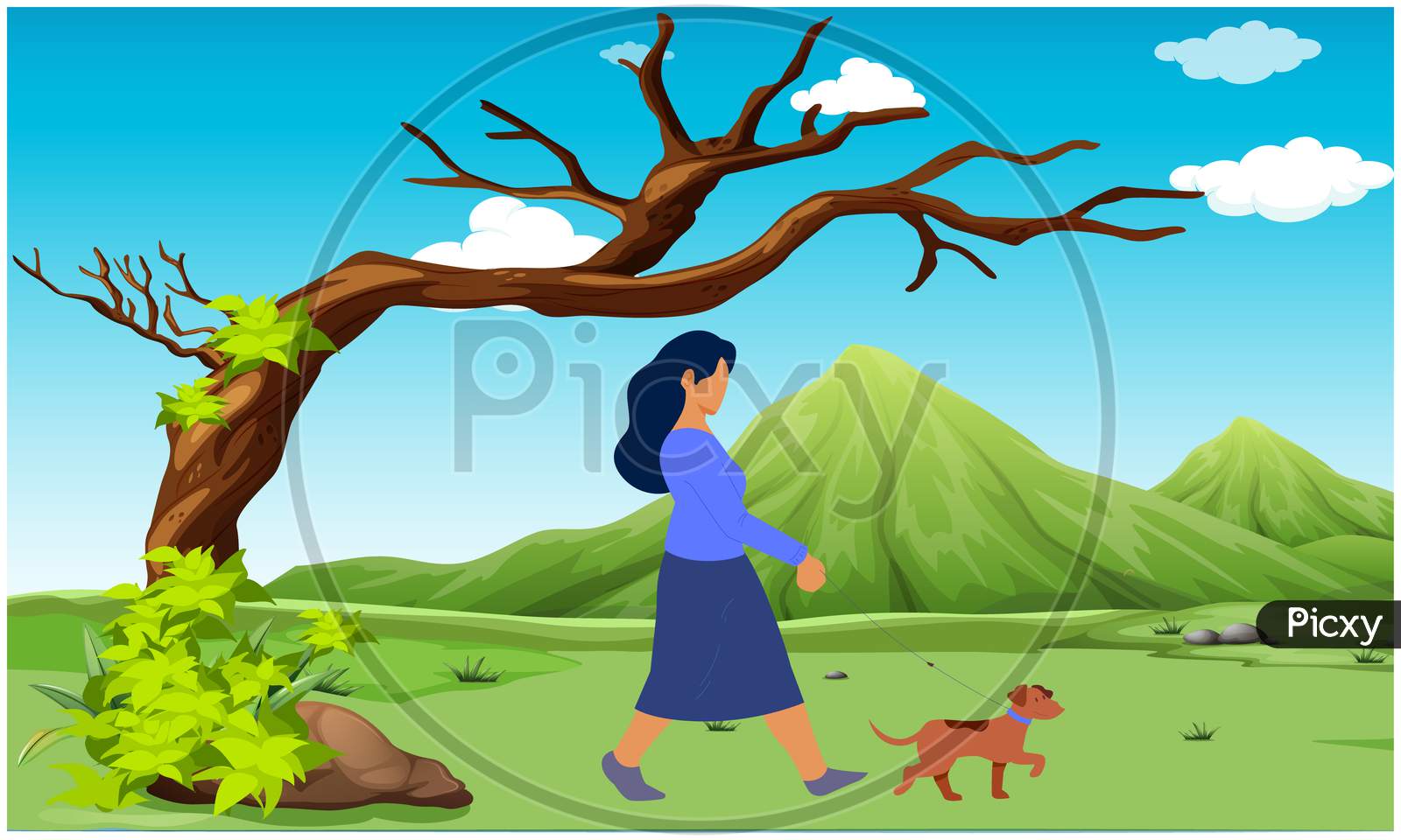 Girl Walking With Her Dog In The Garden