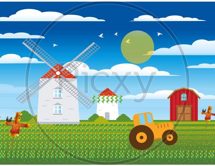 Farm View With Crops And Vehicles