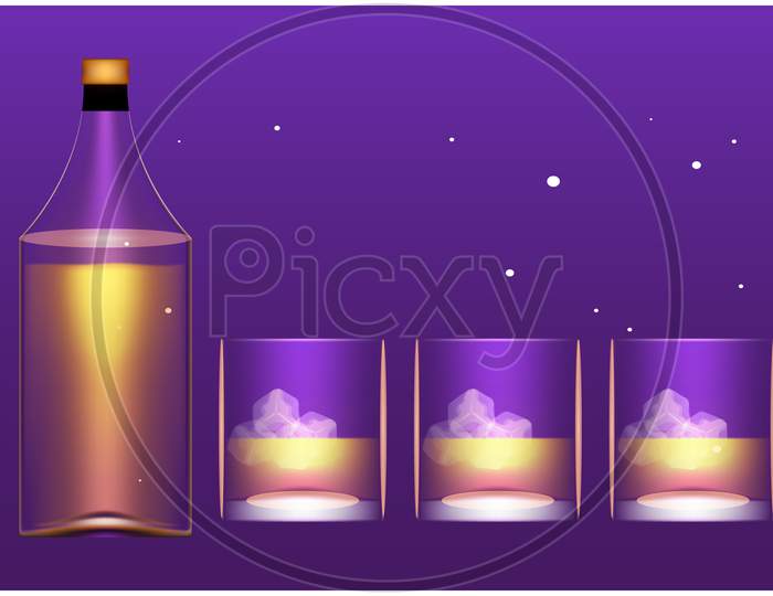 Mock Up Illustration Of Whisky Bottle And Glasses On Abstract Background