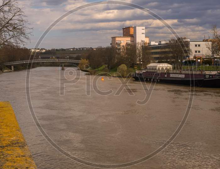 Stuttgart,Germany - March 17,2019:Bad Cannstatt This Is The River Neckar In The Direction To Muehlhausen.The Big Boat Is The Theaterschiff.