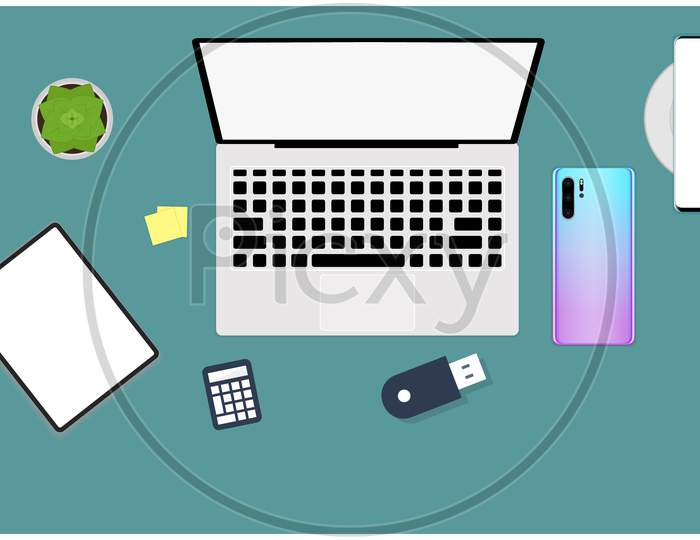 Office Desk Mock Up Illustration With All Electronic Devices