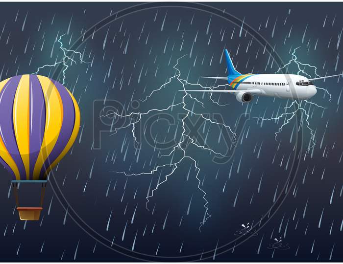 Hot Air Balloon And Airplane Flying Thunderstorm Background