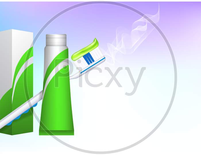 Mock Up Illustration Of Tooth Brush And Paste Package On Abstract Background