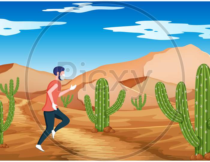 Man Is Running In The Desert In Morning