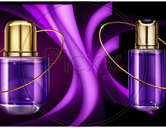 Mock Up Illustration Of Couple Perfume On Purple Waves Background