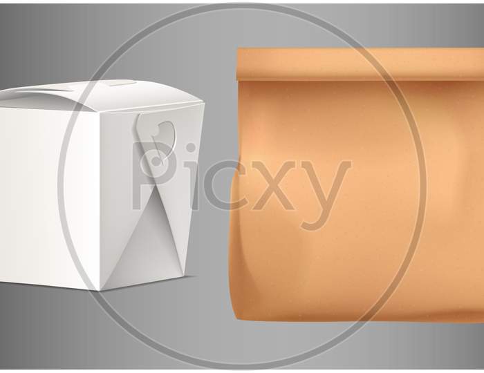 Mock Up Illustration Of Box And Carry Bag On Abstract Background