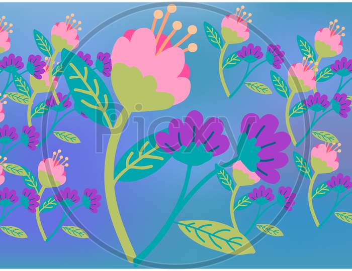 Digital Textile Design Of Flowers And Leaves On Abstract Background