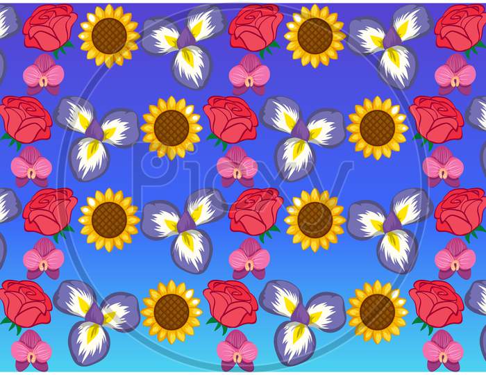 Digital Textile Design Of Flowers And Leaves Art On Abstract Background