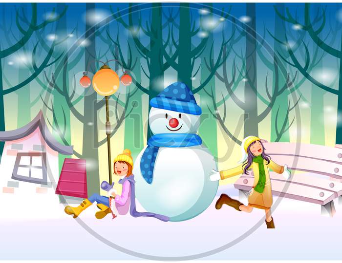 Girls Are Making And Playing With Snowman In Winter