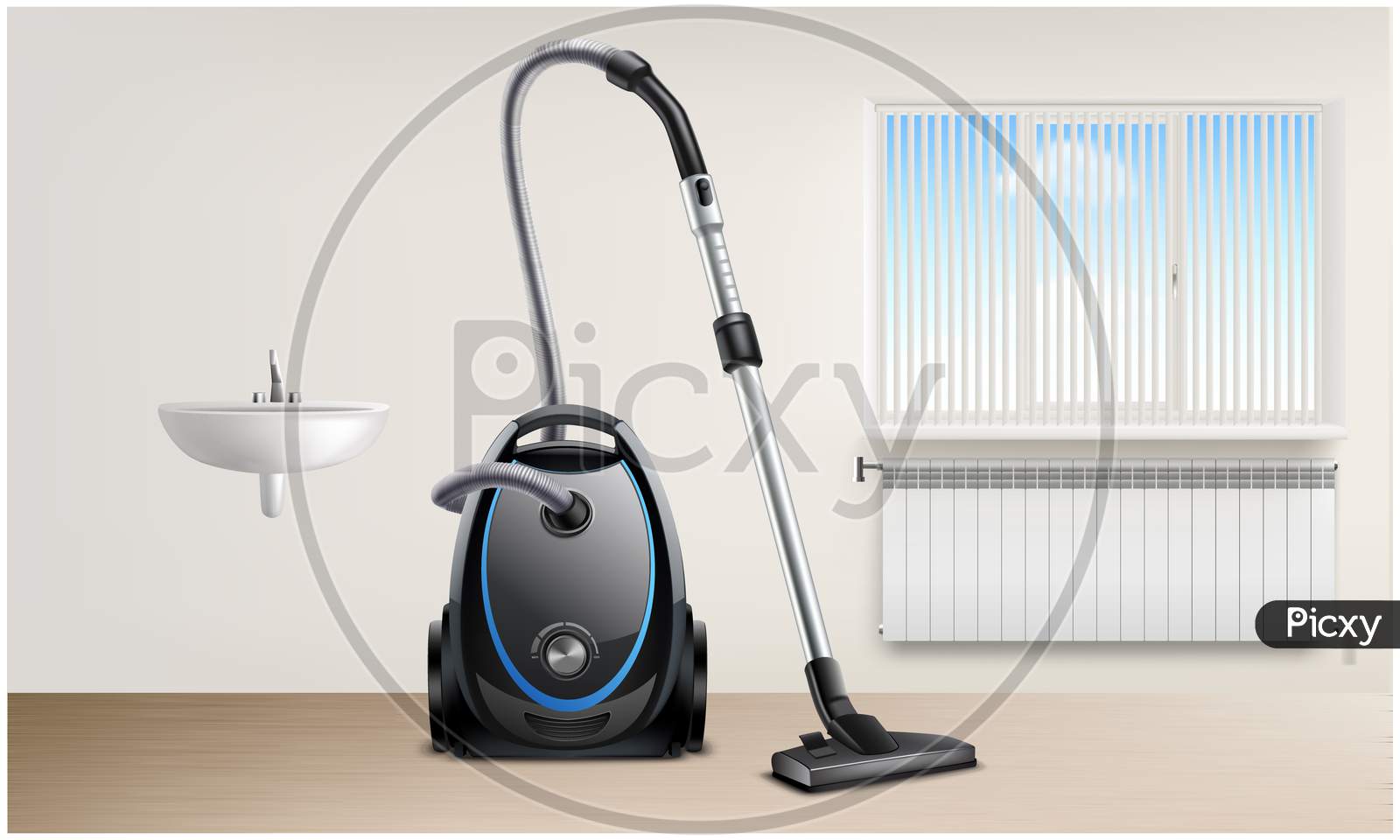 Mock Up Illustration Of Vacuum Cleaner In Washroom View