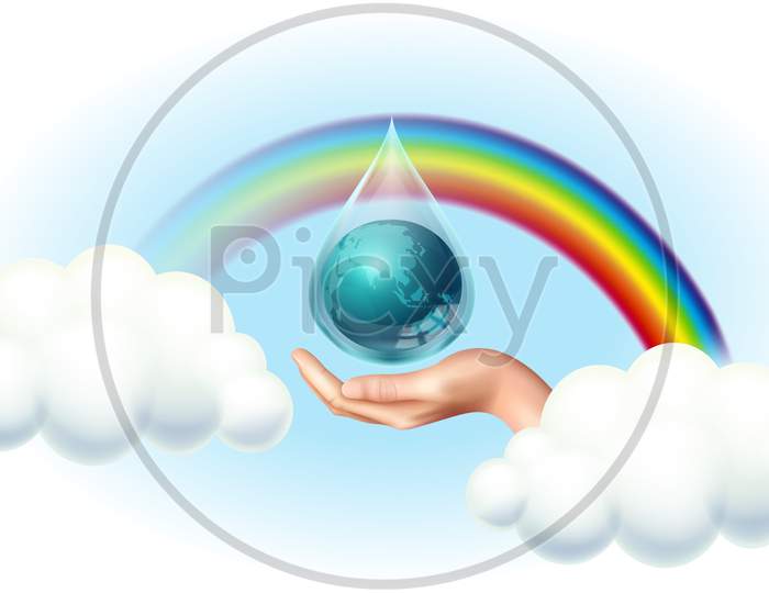Save Earth And Environment On Rainbow And Clouds Background