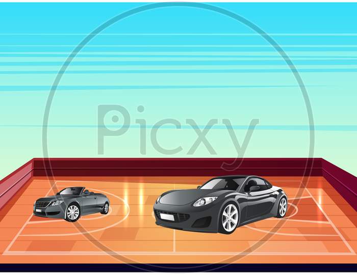 Mock Up Illustration Of Cars Parked In A Basketball Court