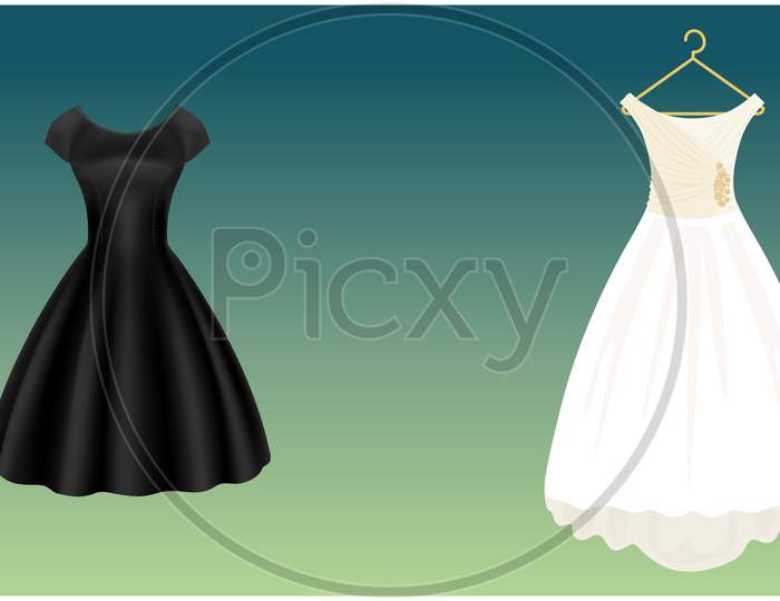 Mock Up Illustration Of White And Black Wedding Dress On Abstract Background