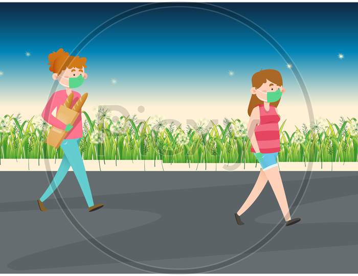 Two Girls Are Walking On The Road In The Evening