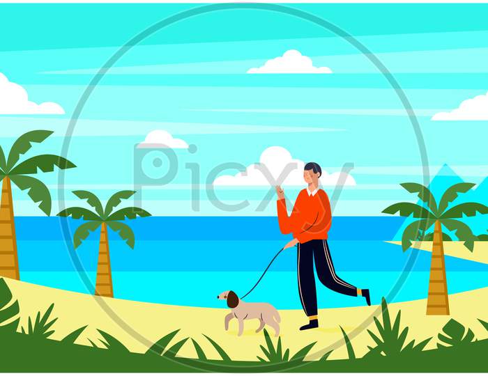 Man Walking On A Beach With His Dog