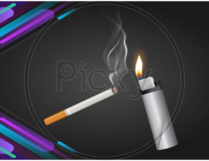 Mock Up Illustration Of Burning Cigarette And Lighter On Abstract Background