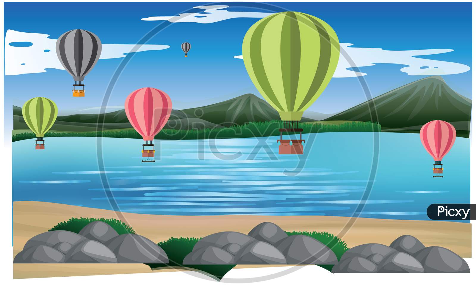 Hot Air Balloons Are Flying In Air On The Beach Near Mountains