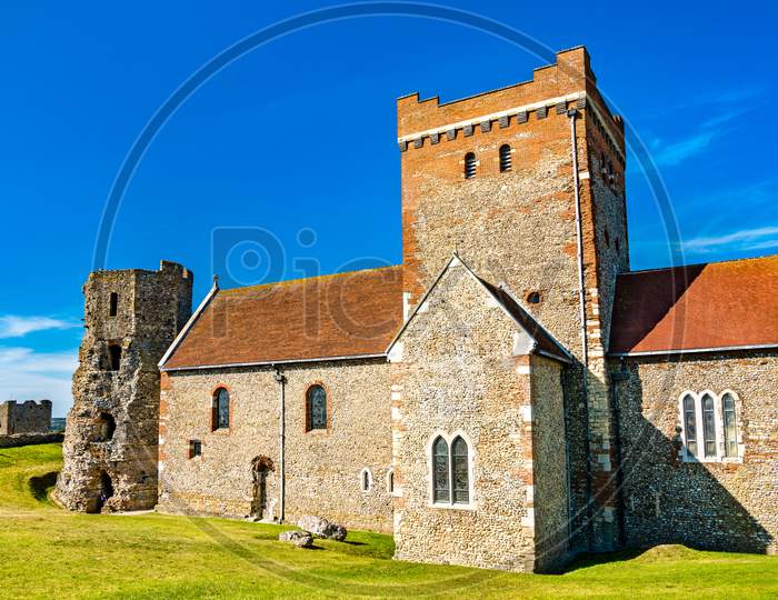 St Mary In Castro Church And A Roman Lighthouse At Dover Castle In England