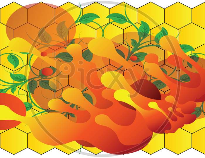 Abstract Art With Green Leaves On Honey Comb Background