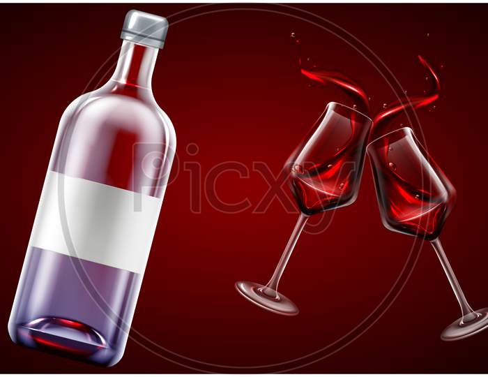 Mock Up Illustration Of Wine Bottle And Glass On Abstract Background