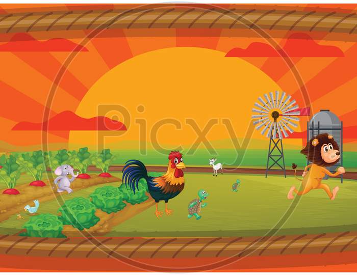 A Nature Scene , Lion Running, Tortoise And A Wind Mill