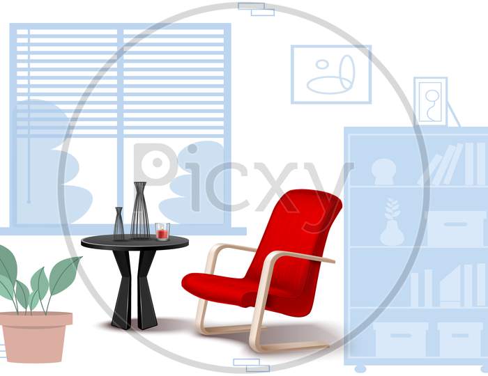 Mock Up Illustration Of Realistic Chair And Table In A Room