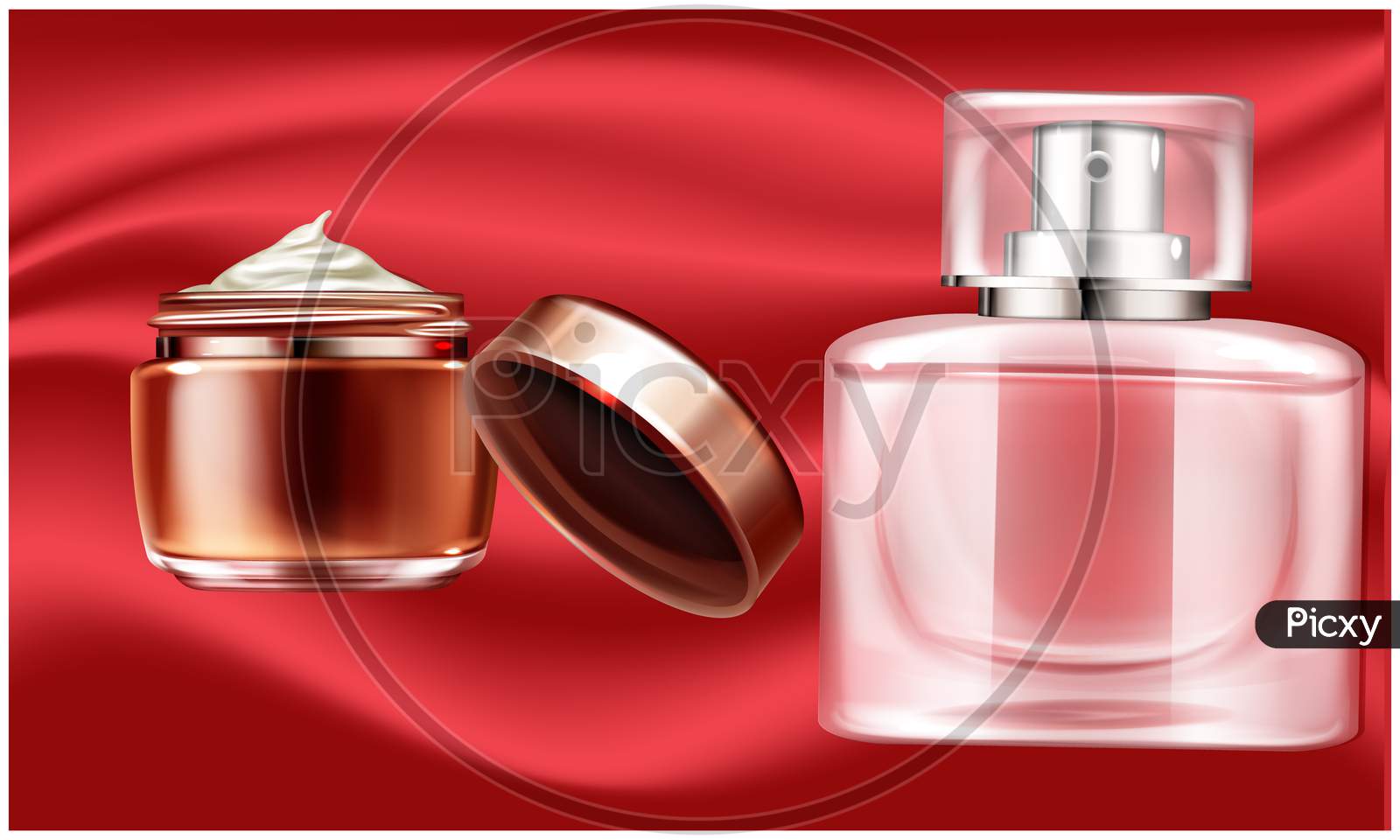 Mock Up Illustration Of Female Perfume And Body Lotion Set On Abstract Background