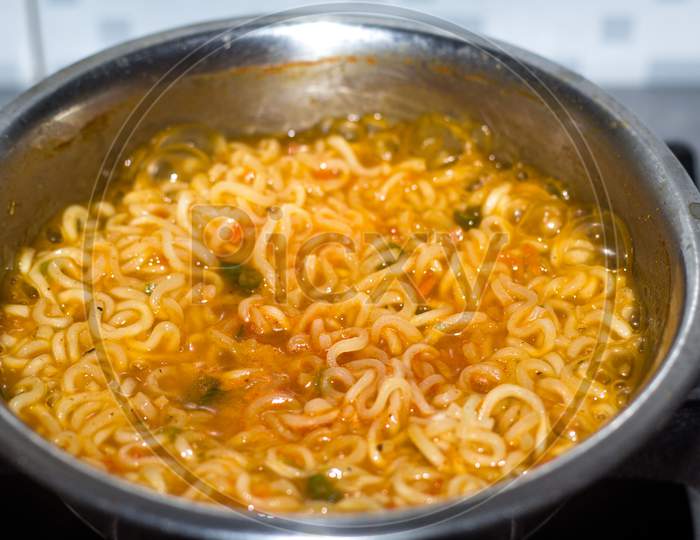 Cook Famous Home Made Asian Instant Noodle In A Porcelain Bowl . Close Up