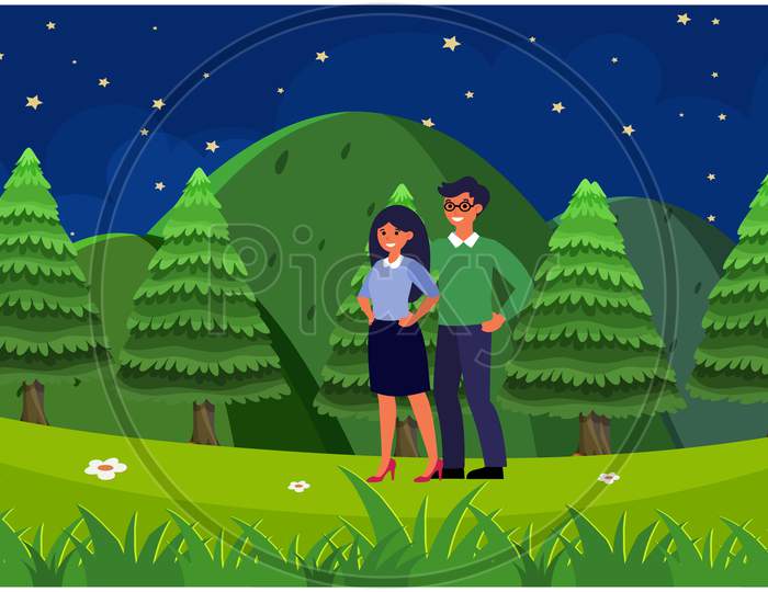 Couple Walking In The Garden In The Evening