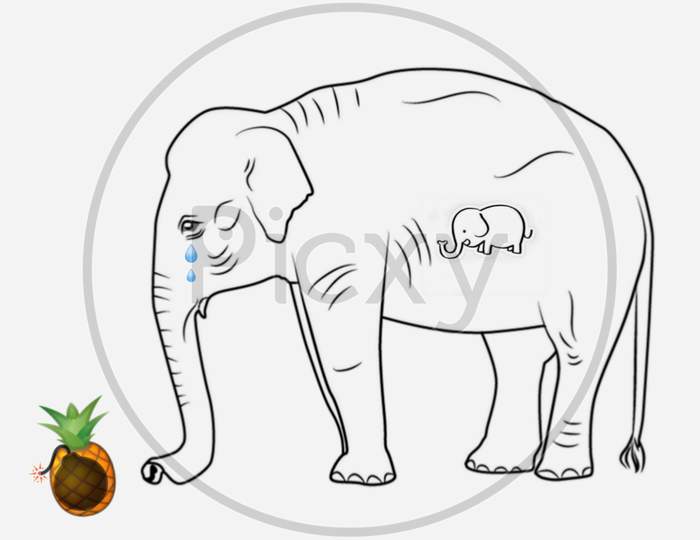 Line art of pregnant elephant crying for served bomb in pineapple