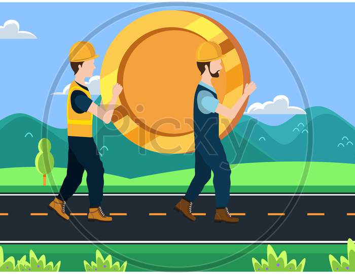 Builder Carrying A Big Coin On The Road