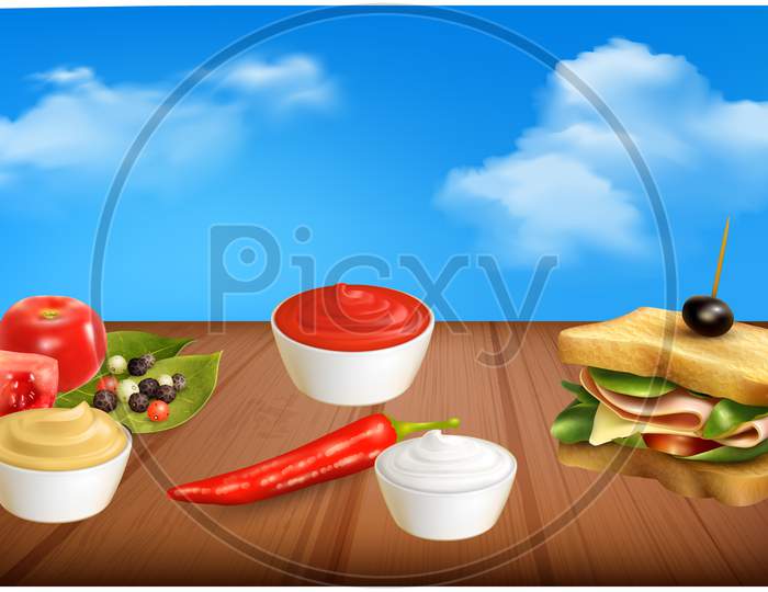 Mock Up Illustration Of Sandwich And Different Sauces On Abstract Background