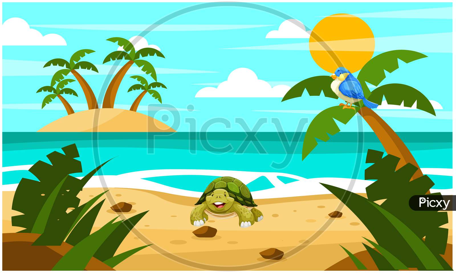 Tortoise Is Enjoying On The Beach With Birds