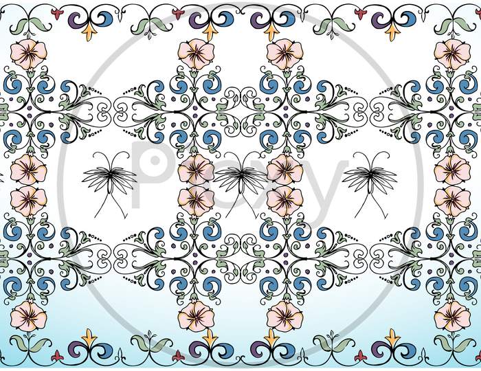 Digital Textile Design Of Flowers And Leaves