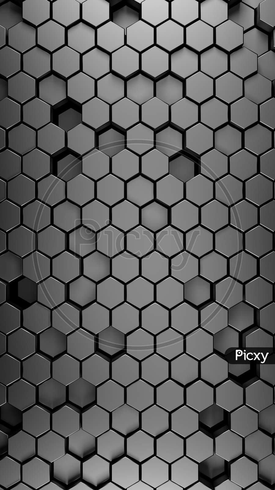 Steel Polished Black Metallic Hexagonal Abstract 3D Background, Metal Wall With Hexagonal Pattern 3D Rendering. Vertical Portrait Orientation
