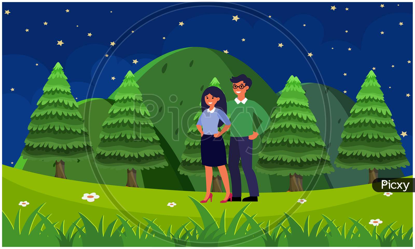 Couple Walking In The Garden In The Evening