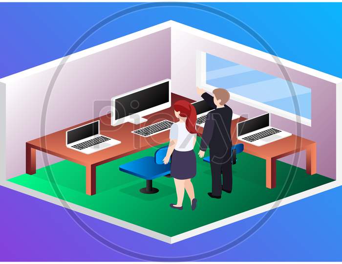 Isometric View Of Office With Couple And Electronic Devices