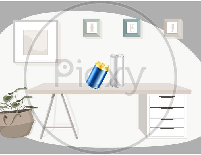 Mock Up Illustration Of Drink Container On A Office Table
